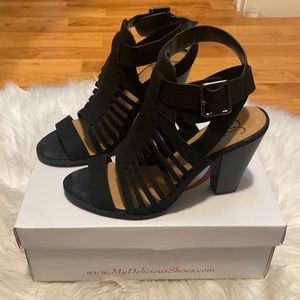 Cut out stack heel sandal